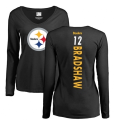 NFL Women's Nike Pittsburgh Steelers #12 Terry Bradshaw Black Backer Slim Fit Long Sleeve T-Shirt