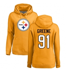 NFL Women's Nike Pittsburgh Steelers #91 Kevin Greene Gold Name & Number Logo Pullover Hoodie