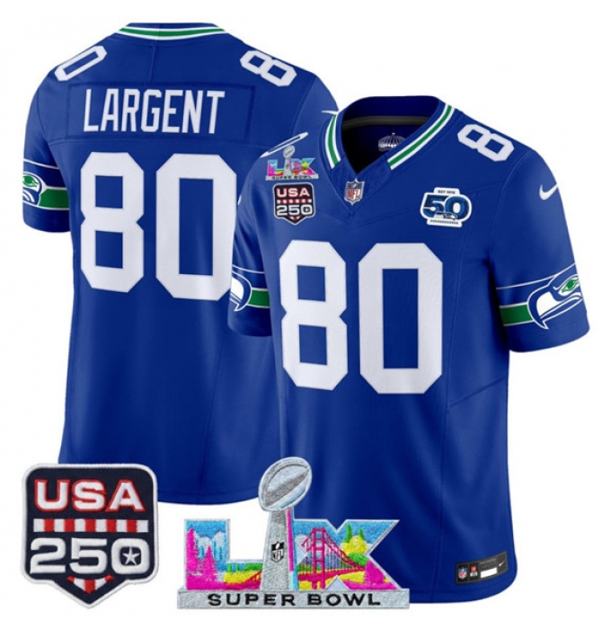 Men's Seattle Seahawks #80 Steve Largent Royal 2025 F.U.S.E. Super Bowl LX And 50th Season & USA 250 Vapor Throwback Limited Football Stitched Jersey