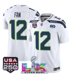 Men's Seattle Seahawks #12 Fan White 2025 F.U.S.E. Super Bowl LX And 50th Season & USA 250 Vapor Limited Football Stitched Jersey