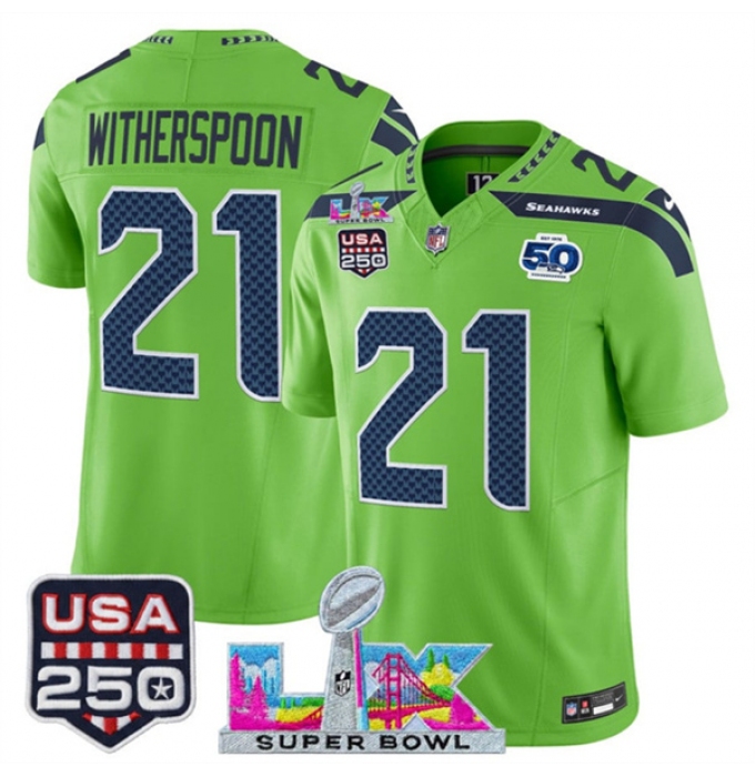 Men's Seattle Seahawks #21 Devon Witherspoon Green 2025 F.U.S.E. Super Bowl LX And 50th Season & USA 250 Vapor Limited Football Stitched Jersey