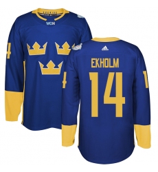 Men's Adidas Team Sweden #14 Mattias Ekholm Authentic Royal Blue Away 2016 World Cup of Hockey Jersey