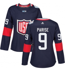 Women's Adidas Team USA #9 Zach Parise Authentic Navy Blue Away 2016 World Cup Hockey Jersey