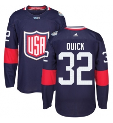 Men's Adidas Team USA #32 Jonathan Quick Authentic Navy Blue Away 2016 World Cup Ice Hockey Jersey