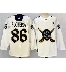 Men's Tampa Bay Lightning #86 Nikita Kucherov 2024-25 White Gasparilla Inspired Pirate-Themed Warmup Stitched Jersey