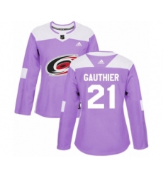 Women's Adidas Carolina Hurricanes #21 Julien Gauthier Authentic Purple Fights Cancer Practice NHL Jersey
