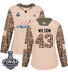 Women's Adidas Washington Capitals #43 Tom Wilson Authentic Camo Veterans Day Practice 2018 Stanley Cup Final NHL Jersey