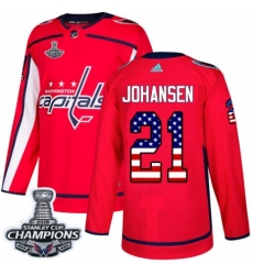 Men's Adidas Washington Capitals #21 Lucas Johansen Authentic Red USA Flag Fashion 2018 Stanley Cup Final Champions NHL Jersey