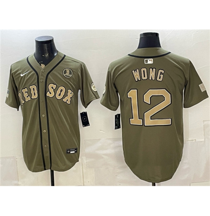 Men's Boston Red Sox #12 Connor Wong Olive Armed Forces Day Cool Base Stitched Baseball Jersey