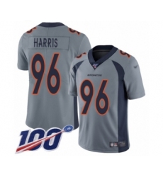 Men's Denver Broncos #96 Shelby Harris Limited Silver Inverted Legend 100th Season Football Jersey