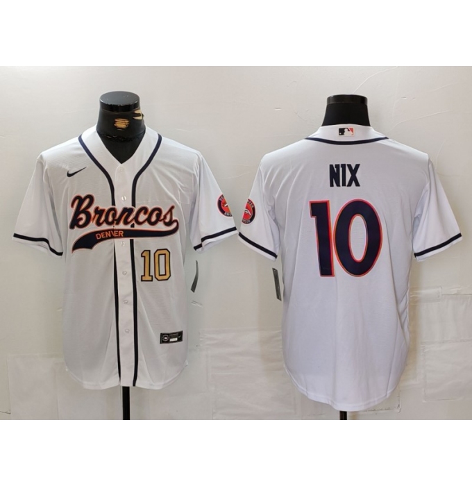 Men's Denver Broncos #10 Bo Nix Number White Cool Base Stitched Baseball Jersey
