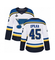 Women's St. Louis Blues #45 Luke Opilka Authentic White Away 2019 Stanley Cup Champions Hockey Jersey