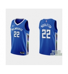 Men's Milwaukee Bucks #22 Khris Middleton 2022-23 City Edition Blue Stitched Basketball Jersey