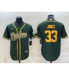 Men's Green Bay Packers #33 Aaron Jones Green Yellow With Patch Cool Base Stitched Baseball Jersey