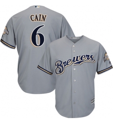 Men's Majestic Milwaukee Brewers #6 Lorenzo Cain Replica Grey Road Cool Base MLB Jersey