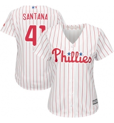 Women's Majestic Philadelphia Phillies #41 Carlos Santana Replica White/Red Strip Home Cool Base MLB Jersey