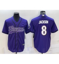 Men's Baltimore Ravens #8 Lamar Jackson Purple With Patch Cool Base Stitched Baseball Jersey