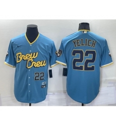 Men's Milwaukee Brewers #22 Christian Yelich Number Blue 2022 City Connect Cool Base Stitched Jersey