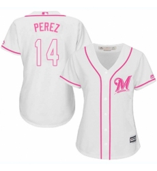 Women's Majestic Milwaukee Brewers #14 Hernan Perez Replica White Fashion Cool Base MLB Jersey