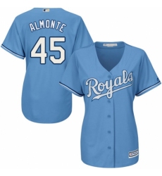 Women's Majestic Kansas City Royals #45 Abraham Almonte Authentic Light Blue Alternate 1 Cool Base MLB Jersey