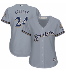 Women's Majestic Milwaukee Brewers #24 Jesus Aguilar Replica Grey Road Cool Base MLB Jersey