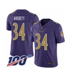 Men's Baltimore Ravens #34 Anthony Averett Limited Purple Rush Vapor Untouchable 100th Season Football Jersey