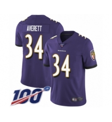 Men's Baltimore Ravens #34 Anthony Averett Purple Team Color Vapor Untouchable Limited Player 100th Season Football Jersey