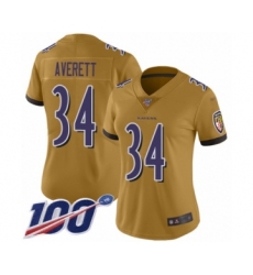 Women's Baltimore Ravens #34 Anthony Averett Limited Gold Inverted Legend 100th Season Football Jersey