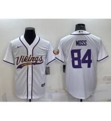 Men's Minnesota Vikings #84 Randy Moss White With Patch Cool Base Stitched Baseball Jersey