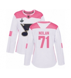 Women's St. Louis Blues #71 Jordan Nolan Authentic White Pink Fashion 2019 Stanley Cup Champions Hockey Jersey