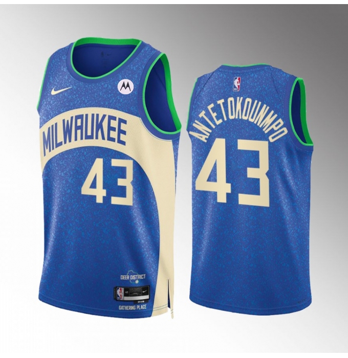 Men's Milwaukee Bucks #43 Thanasis Antetokounmpo Blue 2023-24 City Edition Stitched Basketball Jersey