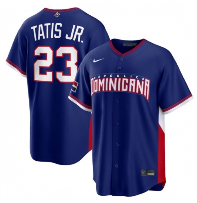 Men's Dominican Republic Baseball #23 Fernando Tatis Jr. Navy 2026 World Baseball Classic Road Stadium Stitched Jersey
