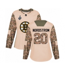 Women's Boston Bruins #20 Joakim Nordstrom Authentic Camo Veterans Day Practice 2019 Stanley Cup Final Bound Hockey Jersey