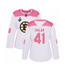 Women's Boston Bruins #41 Jaroslav Halak Authentic White Pink Fashion 2019 Stanley Cup Final Bound Hockey Jersey