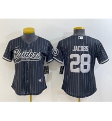 Women's Las Vegas Raiders #28 Josh Jacobs Black Team Big Logo With Patch Cool Base Stitched Baseball Jersey