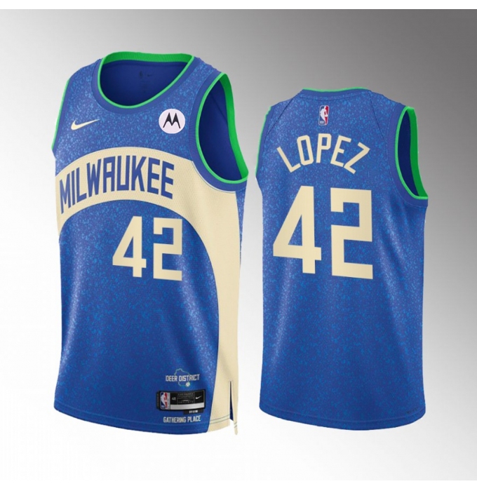 Men's Milwaukee Bucks #42 Robin Lopez Blue 2023-24 City Edition Stitched Basketball Jersey