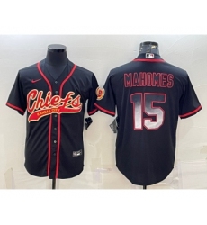 Men's Kansas City Chiefs #15 Patrick Mahomes Black Gold With Patch Smoke Cool Base Stitched Baseball Jersey