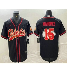 Men's Kansas City Chiefs #15 Patrick Mahomes Black Team Big Logo With Cool Base Stitched Baseball Jersey