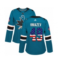 Women's San Jose Sharks #49 Artemi Kniazev Authentic Teal Green USA Flag Fashion Hockey Jersey