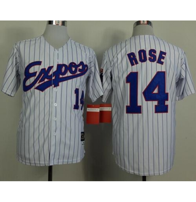 Mitchell And Ness 1982 Expos #14 Pete Rose White(Black Strip) Throwback Stitched Baseball Jersey