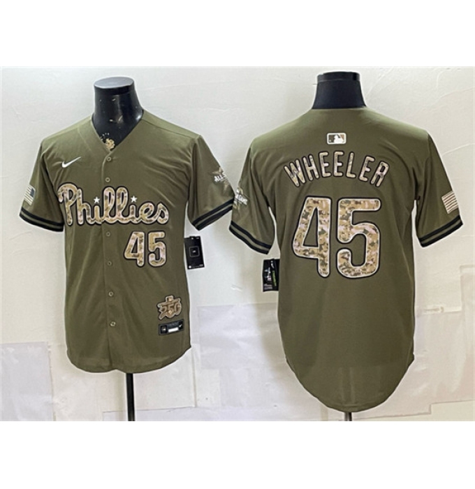 Men's Philadelphia Phillies #45 Zack Wheeler Olive 2026 Armed Forces Day Stitched Jersey