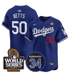 Men's Los Angeles Dodgers #50 Mookie Betts Royal 2024 World Series With Fernando Memorial Limited Stitched Baseball Jersey