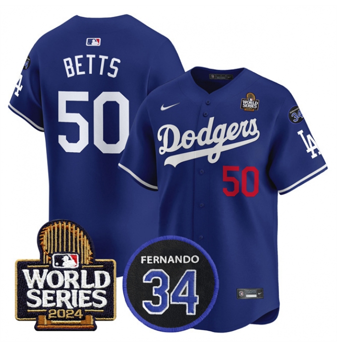 Men's Los Angeles Dodgers #50 Mookie Betts Royal 2024 World Series With Fernando Memorial Limited Stitched Baseball Jersey