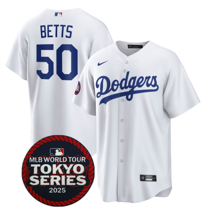 Men's Los Angeles Dodgers #50 Mookie Betts White 2025 World Tour Tokyo Series Home Stitched Baseball Jersey