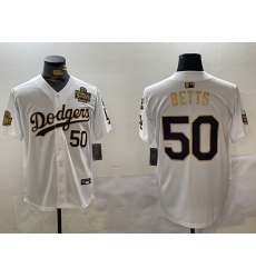 Men's Los Angeles Dodgers #50 Mookie Betts White Gold 2024 World Series With Fernando Memorial Limited Stitched Baseball Jerseys