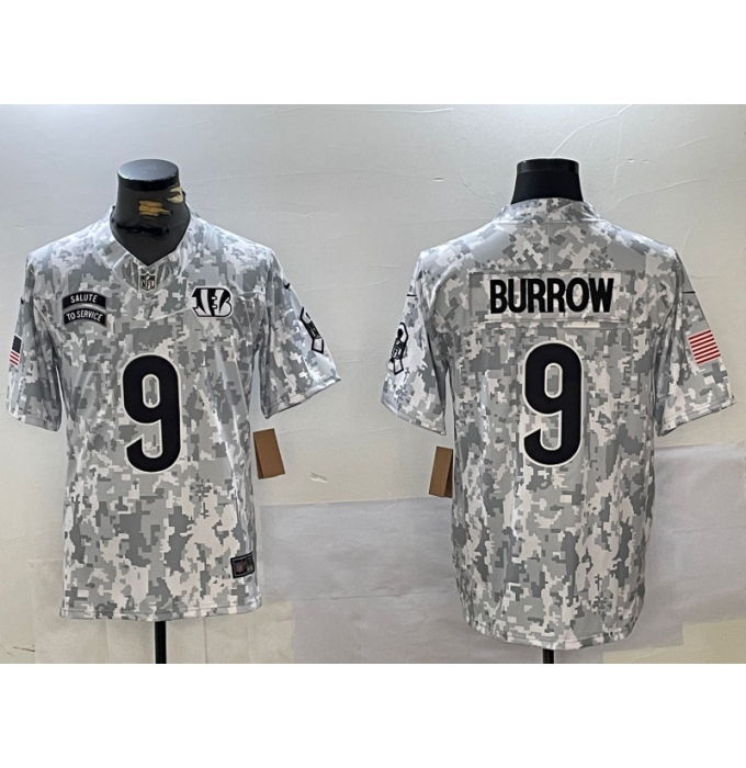 Men's Cincinnati Bengals #9 Joe Burrow Arctic Camo 2024 FUSE Salute to Service Limited Stitched Jersey