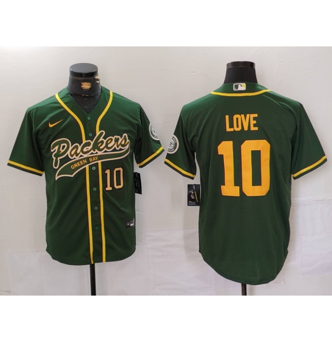 Men's Green Bay Packers #10 Jordan Love Green Cool Base Stitched Baseball Jerseys
