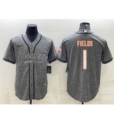 Men's Chicago Bears #1 Justin Fields Gray With Patch Cool Base Stitched Baseball Jersey