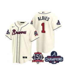 Men's Atlanta Braves #1 Ozzie Albies 2021 Cream World Series Champions With 150th Anniversary Patch Cool Base Stitched Jersey