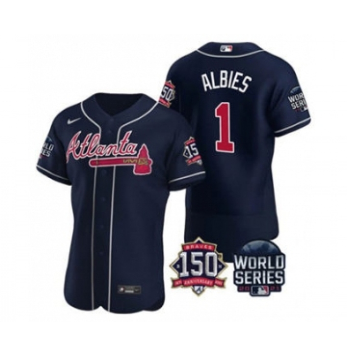 Men's Atlanta Braves #1 Ozzie Albies 2021 Navy World Series Flex Base With 150th Anniversary Patch Baseball Jersey